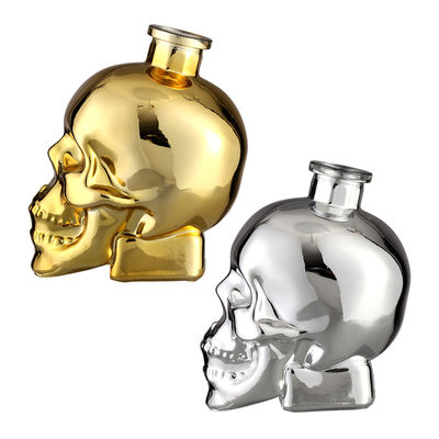 Cap with Brush Seal Transparent Gold and Silver Skull Glass Whisky Vodka Wine Bottle